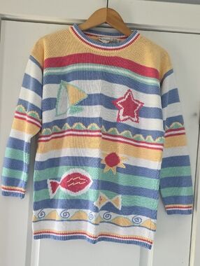 VINTAGE TwoTwenty Pastel Striped Knit Sweater in Blue, Pink & Cream